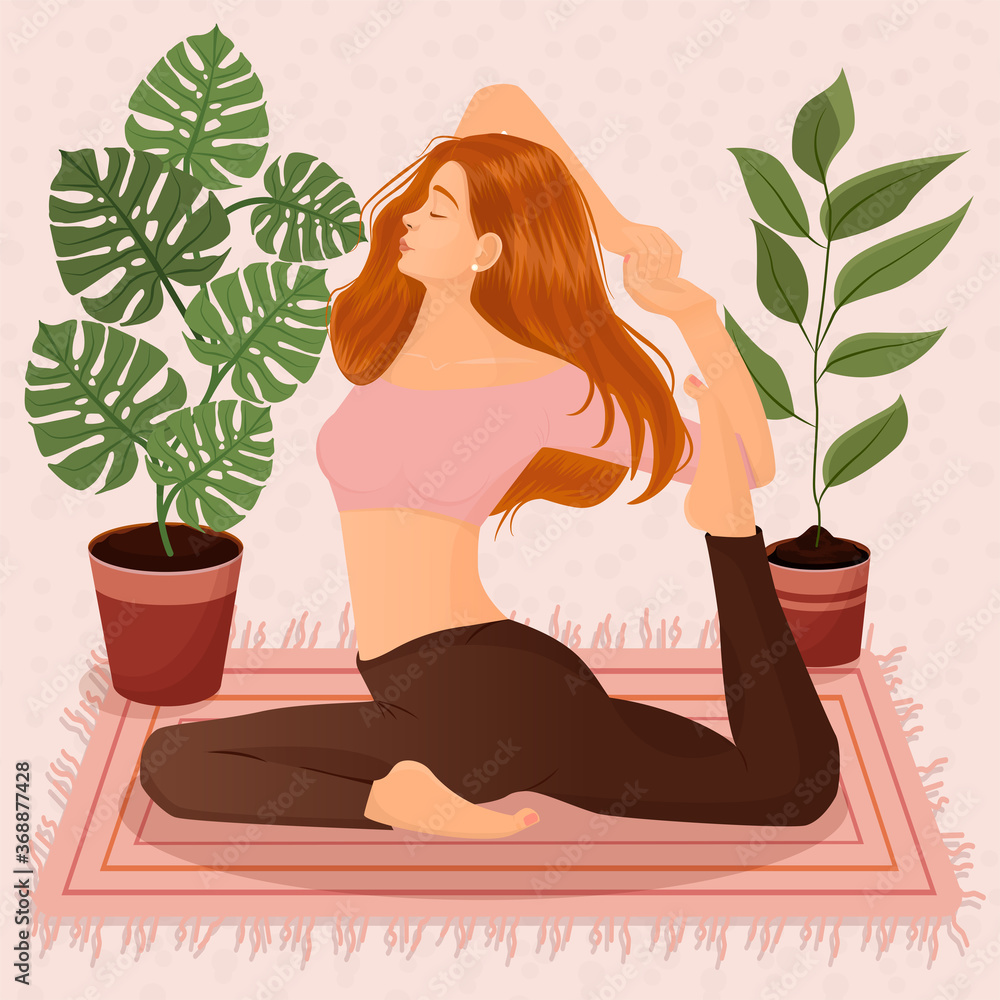 Vector illustration of a red-haired girl doing yoga at home on the background of pots with flowers and leaves. The concept of yoga, meditation, sports, healthy lifestyle, yoga poses, asana. Vector illustration of a red-haired girl doing yoga at home on the background of pots with flowers and leaves. The concept of yoga, meditation, sports, healthy lifestyle, yoga poses, asana.