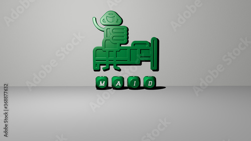 3D graphical image of MAID vertically along with text built by metallic cubic letters from the top perspective, excellent for the concept presentation and slideshows. cleaning and cleaner