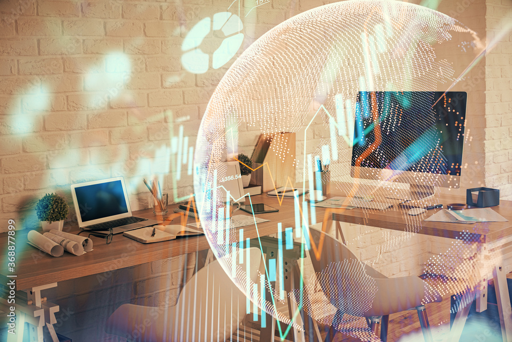 Multi exposure of stock market chart drawing and office interior background. Concept of financial analysis. - obrazy, fototapety, plakaty 