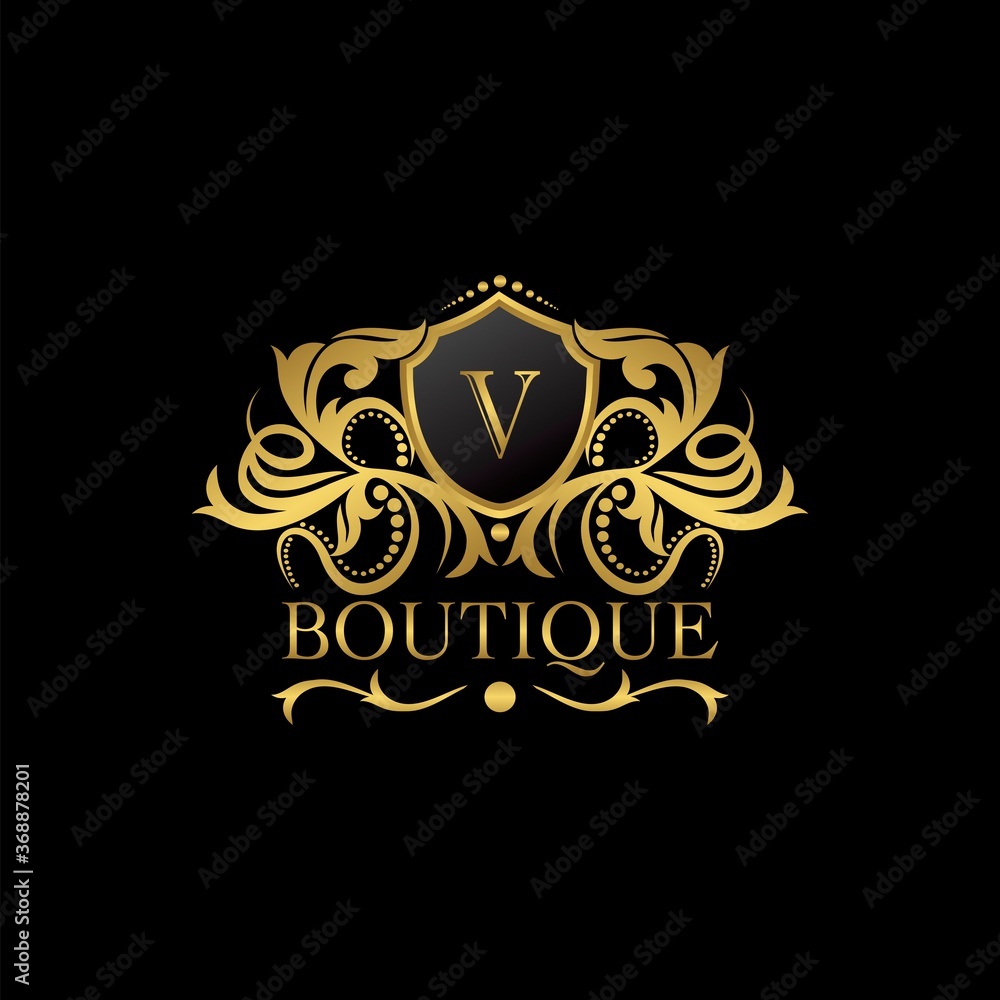 Fototapeta premium Golden Luxury Boutique V Letter Logo template in vector design for Decoration, Restaurant, Royalty, Boutique, Cafe, Hotel, Heraldic, Jewelry, Fashion and other illustration