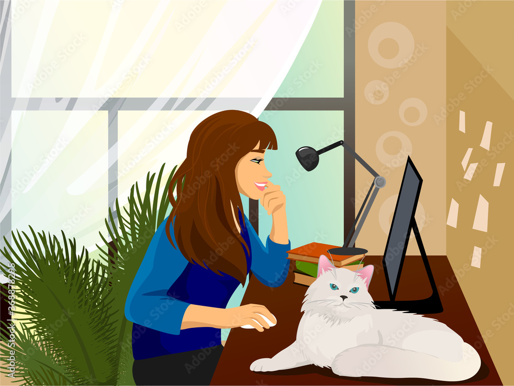 Young woman using laptop flat vector illustration. Working from home workplace, remote job, freelancer. Online shopping. Pet. Cat sleeping on owner workspace. 