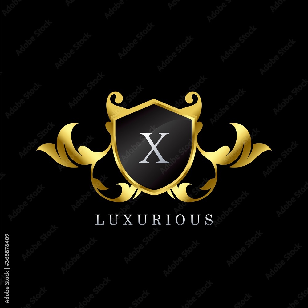 Gold Luxury Shield X Letter Logo. Elegance logo vector template made of ...