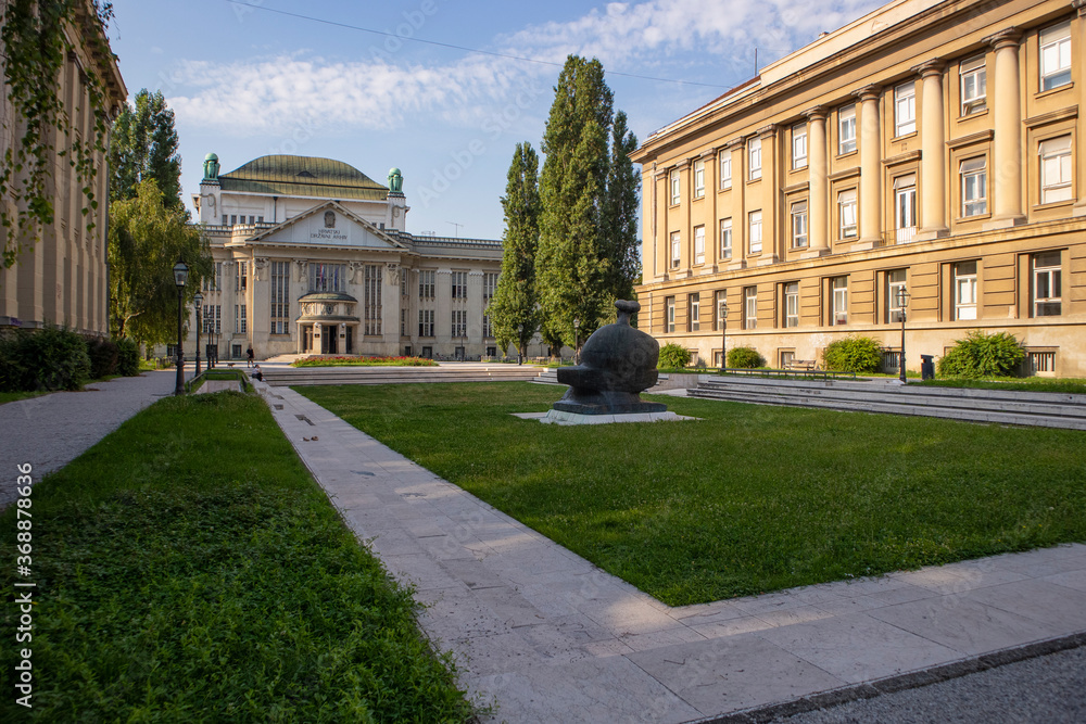 Obraz premium Zagreb/ Croatia-July 31st,2020: Beautiful morning in front of Croatian state archives, one of famous Zagreb city landmarks and places to visit