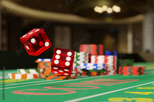 Close up of dice rolling on a craps table. Gambling concept. 3d illustration. photo