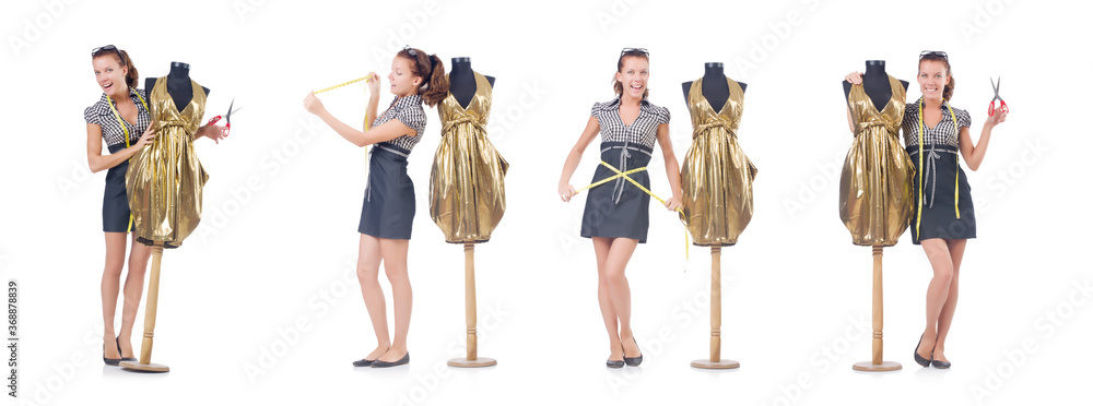 Fototapeta premium Woman tailor working on white background