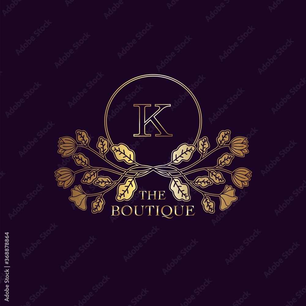 Gold Luxury Nature Leaf Boutique Letter K Logo template in circle frame vector design for brand identity like Restaurant, Royalty, Boutique, Cafe, Hotel, Heraldic, Jewelry, Fashion
