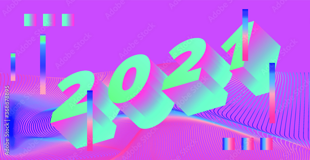 3D Holographic digits on neon vivid background. 2021 Happy New Year concept illustration for poster, cover, calendar or wall print in retrofuturistic synthwave and vaporwave style.