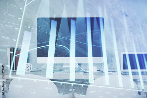 Multi exposure of stock market chart drawing and office interior background. Concept of financial analysis. © peshkova