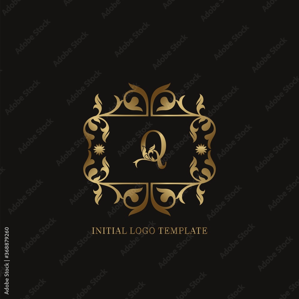 Gold Q Initial logo. Frame emblem ampersand deco ornament monogram luxury logo template for wedding or more luxuries identity