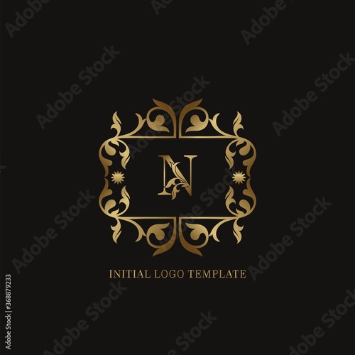 Gold N Initial logo. Frame emblem ampersand deco ornament monogram luxury logo template for wedding or more luxuries identity