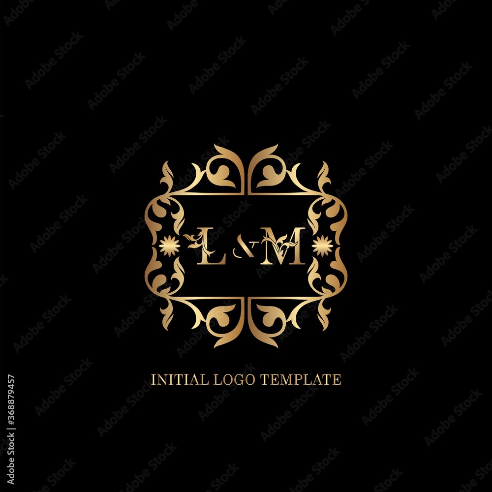 Gold LM Initial logo. Frame emblem ampersand deco ornament monogram luxury logo template for wedding or more luxuries identity