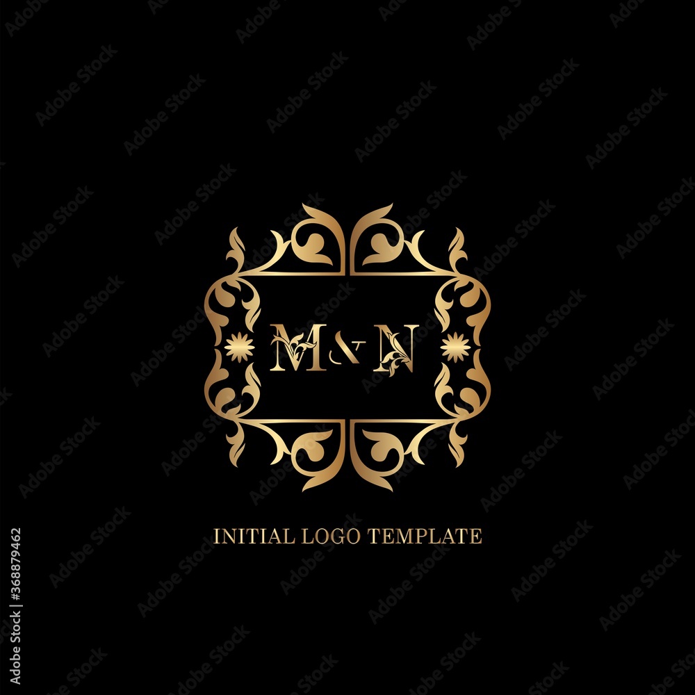 Gold MN Initial logo. Frame emblem ampersand deco ornament monogram luxury logo template for wedding or more luxuries identity