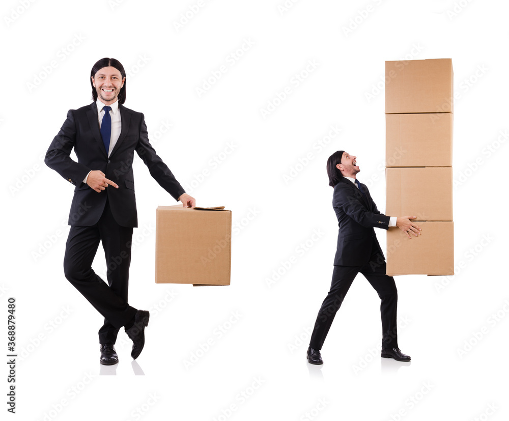 Funny man with boxes on white Funny man with boxes on white