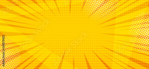 Yellow comic pop art abstract halftone background with sunbeams, space for your text. Vector illustration