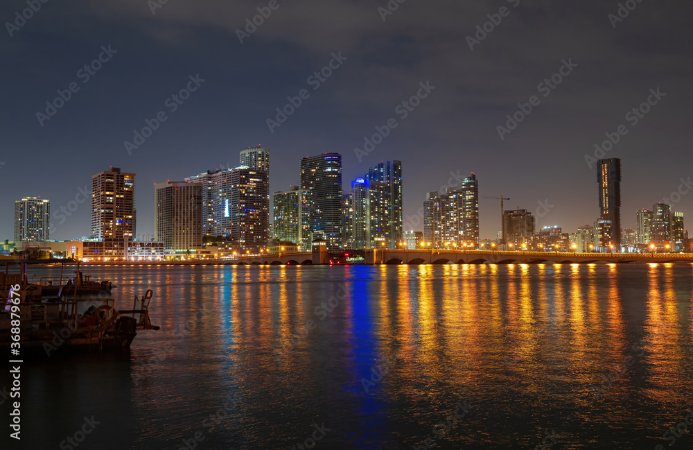 Miami night downtown, city Florida. Panoramic view of Miami skyline and coastline.