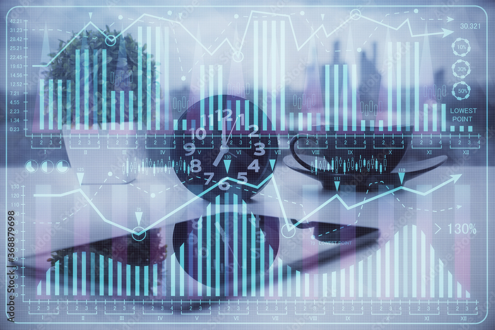 Double exposure of forex graph drawing and cell phone background. Concept of financial data analysis Double exposure of forex graph drawing and cell phone background. Concept of financial data analysis