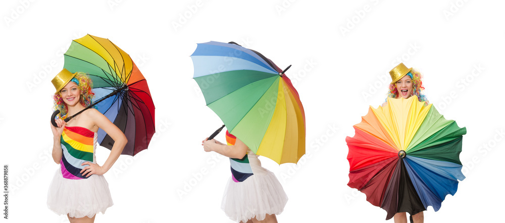 Woman with colorful umbrella on white Woman with colorful umbrella on white