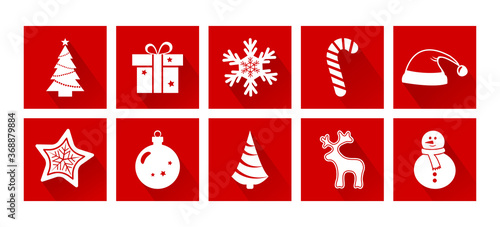 Christmas cartoon icons. New Year. Holiday decotarion set, red and white colors. Vector illustration photo