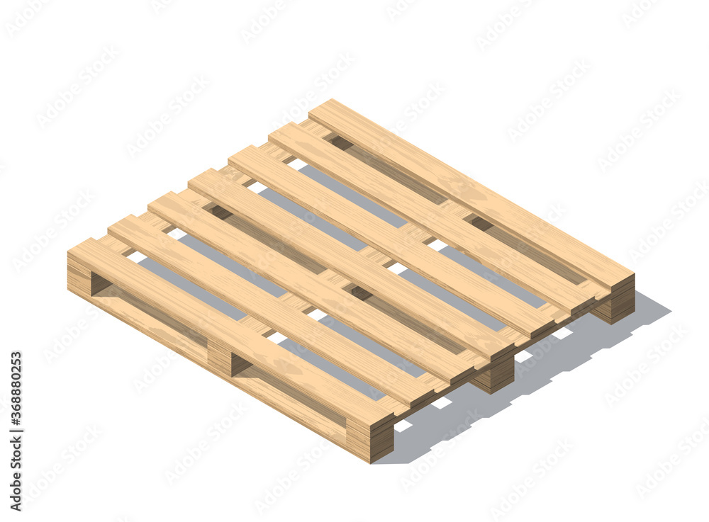 Isometric vector wooden pallet with shadow. Isolated on white background. Wood texture