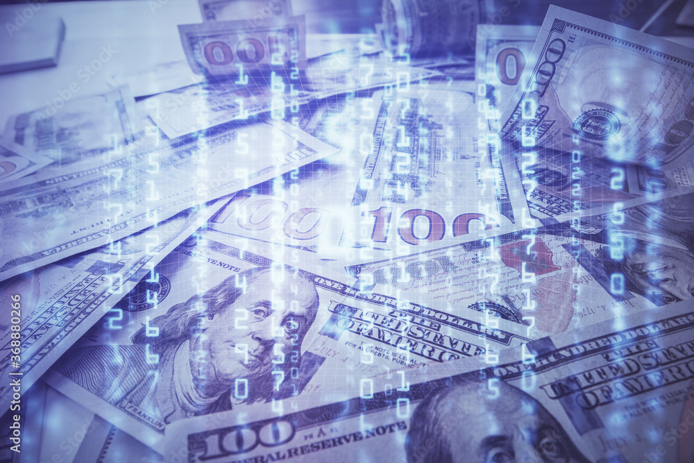 Fototapeta premium Double exposure of data theme drawing over us dollars bill background. Technology concept.