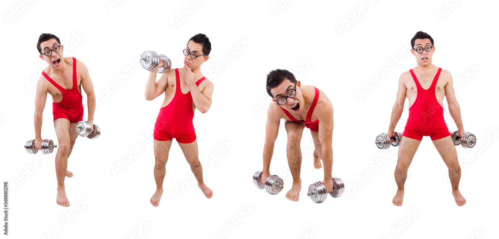 Funny guy with dumbbels on white