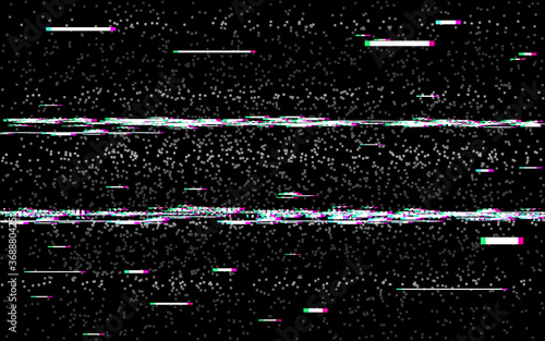 Glitch rewind on black backdrop. VHS background with stereo distortion. Old camera effect. Retro tape template. Random shapes and lines noise. Vector illustration
