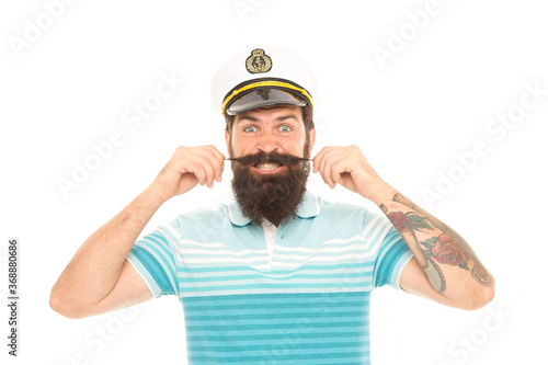 Man cheerful captain sailor hat trip around world, mad about travel concept © be free