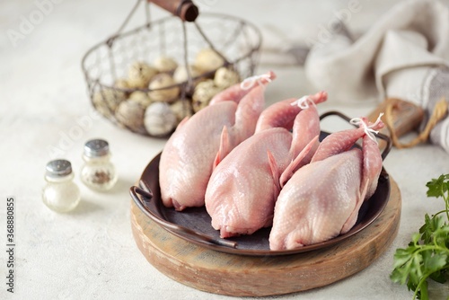 Fresh raw quail on a light background. Organic food.