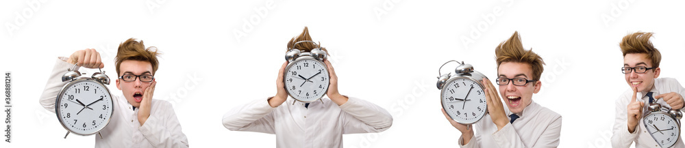 Funny doctor with alarm clock isolated on white Funny doctor with alarm clock isolated on white