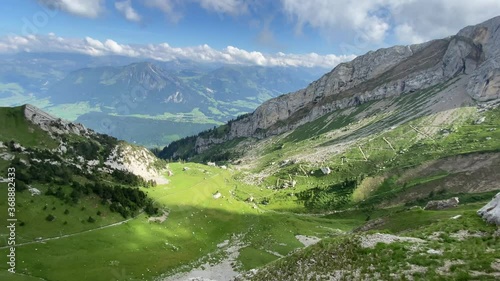 View of beautiful landscape taken from window of cog railway at Alpnachstad, Switzerland photo