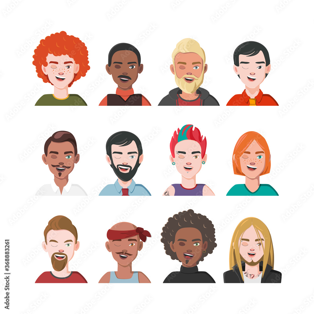 Set of Man Avatars. Twelve Male Characters from Different Subcultures and Social Strata. Blink Handsome Men. Diversity of Cultures. Vector Illustration. Set of Man Avatars. Twelve Male Characters from Different Subcultures and Social Strata. Blink Handsome Men. Diversity of Cultures. Vector Illustration.