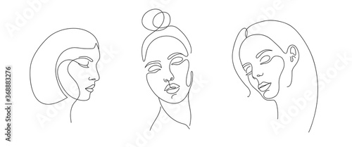 Set of stylized woman faces and hairstyles. Modern single line art. Woman beauty fashion concept, minimalistic style.