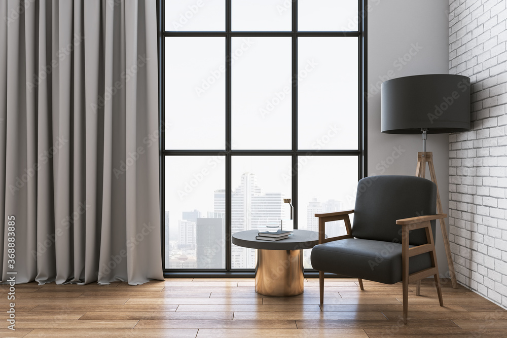 Fototapeta premium Living room with chair, table and city view.