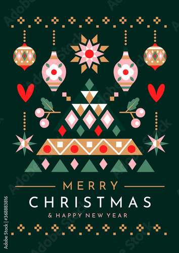 Festive Christmas tree and ornaments greeting card design for the holiday season over text, colored vector illustration