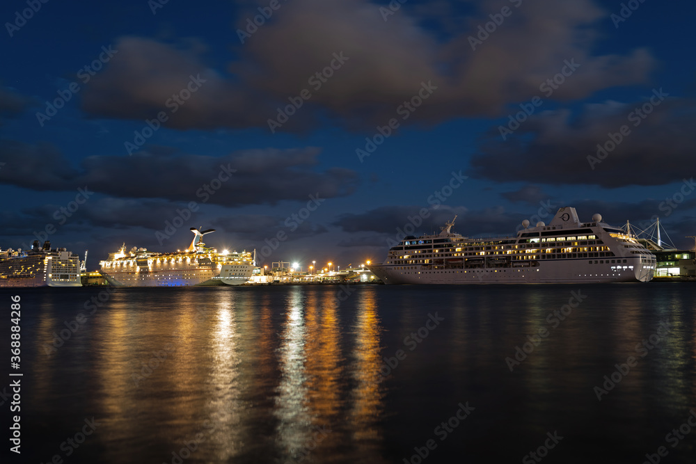 MIAMI BEACH, USA - MAY, 2020: Cruise ships in the port of Miami.