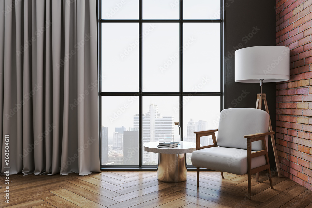 Minimalistic living room with armchair, table and city view. Minimalistic living room with armchair, table and city view.