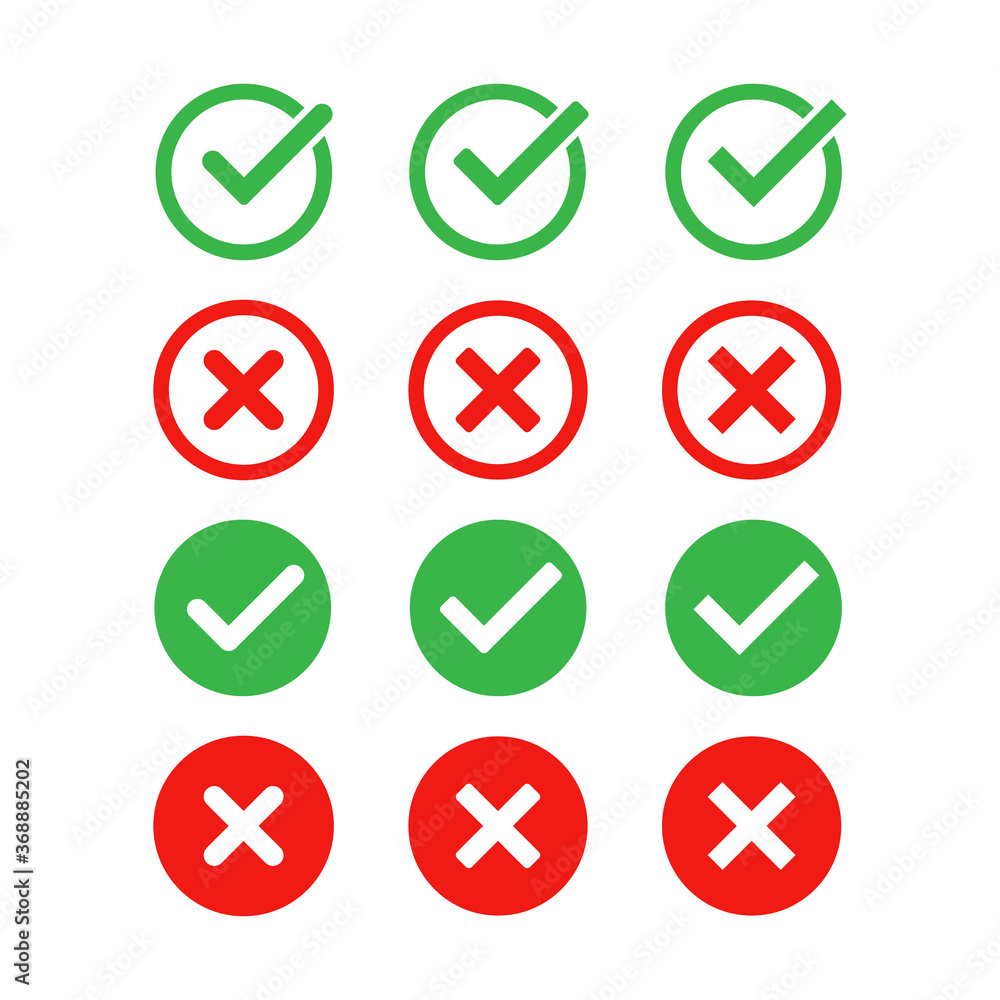 Green check mark and red cross icon set. Vector isolated elements. Tick approved symbol. Stock vector. Green check mark and red cross icon set. Vector isolated elements. Tick approved symbol. Stock vector.
