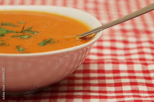 closeup of a bowl with pumpkin soup photo