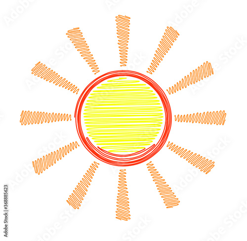 Hand drawn syn symbol in hatching, scribe style, continuous line of colorful sun doodle.