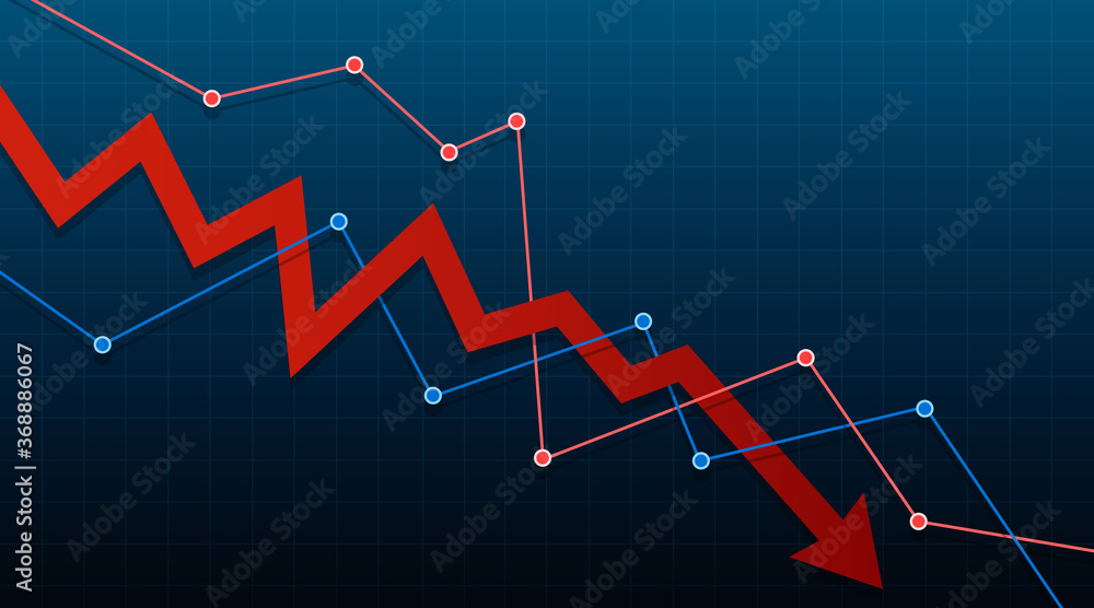 Arrow pointing downwards showing crisis. Stock or financial market crash with copy space. Vector illustration.