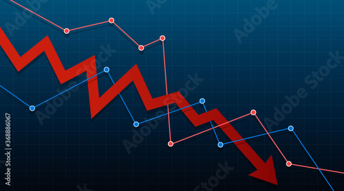 Arrow pointing downwards showing crisis. Stock or financial market crash with copy space. Vector illustration.
