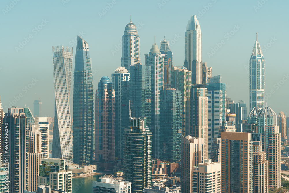 Modern buildings in Dubai Marina, Dubai city skyline with skyscrapers, UAE.