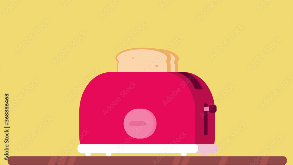 A toaster is on the table. Toasted bread slices jump out of the toaster. Sandwich toasts. Flat style. A toaster is on the table. Toasted bread slices jump out of the toaster. Sandwich toasts. Flat style.
