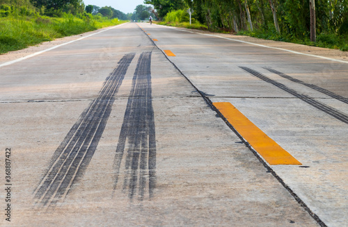 Brake traces of truck wheels on concrete roads.