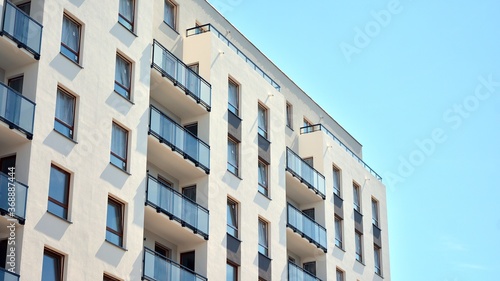 Modern apartment building. Balconies at apartment residential building. Residential architecture.