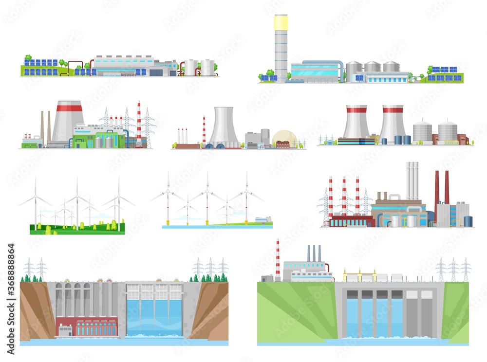 Φωτογραφία Power plant and energy station building vector icons of nuclear, coal, hydroelectric, wind and thermal energy, electric power industry