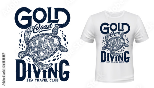 Sea turtle reptile animal t-shirt print vector mockup. Sea travel and underwater diving sport club custom apparel template with swimming marine terrapin with blue waves and lettering