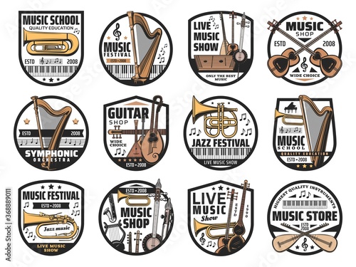 Musical instruments and notes, music vector icons. Isolated badges with piano, harp and guitar, trumpet, horn, trombone and cornet, shamisen, balalaika, lute and lyre, tanbur, duduk, saz and tar
