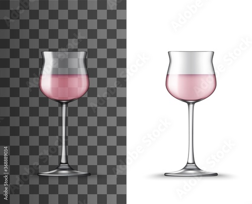 Rose wine glass realistic mockup of vector alcohol beverage wineglass. Isolated glassware or stemware clear goblet cup with rose wine or champagne on transparent background, tableware 3d design