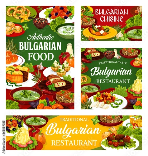 Bulgarian restaurant food vector design of vegetable and meat meal with dessert dishes. Yogurt soup tarator, beef, fruit and bryndza cheese pies, potato stew, buns and cupcakes, vanilla bagel